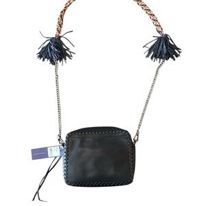 Rebecca Minkoff Chase Camera Crossbody Bag Tassel Leather & Chain Strap Black